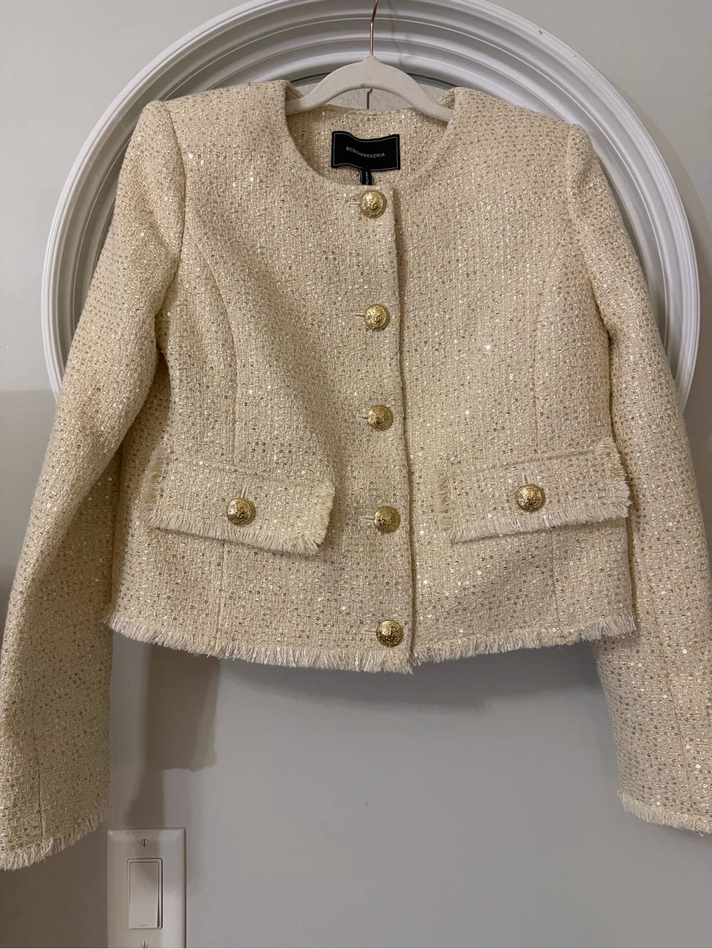 BCBGMaxAzria Cream Tweed Speckled Gold Jacket with Gold Buttons